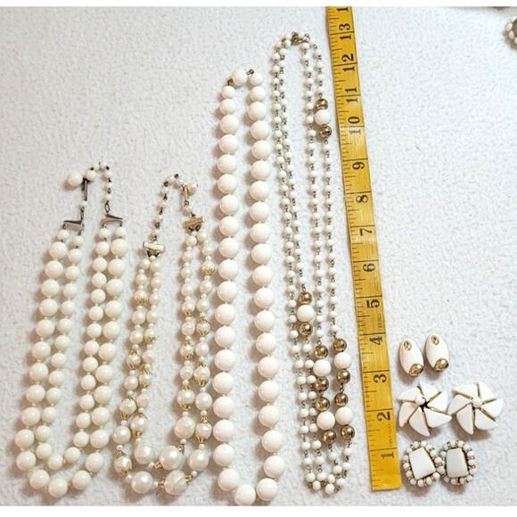 Vtg Costume Jewelry Lot White Beaded Necklaces Clip On Earrings W Germany Japan - Picture 2 of 9